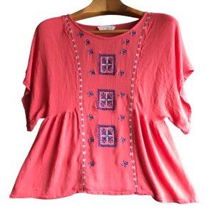 Love Tree Coral Boho Embroidered Blouse Medium
